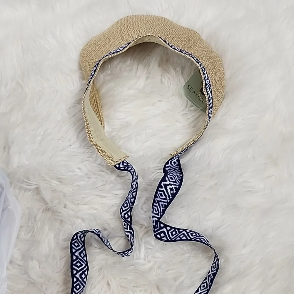 NWT Sea Grass Straw Visor with Navy and White Ribbon